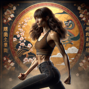 Athletic Thin skinny Attractive, Asian teenage girl, long brown hair and bangs, wearing tight skinny jeans and a halter top paint marks on her clothing, heroic pose Asian graffiti background, rear view