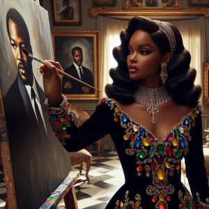 In a high-class, elegantly decorated studio, a very light-skinne...