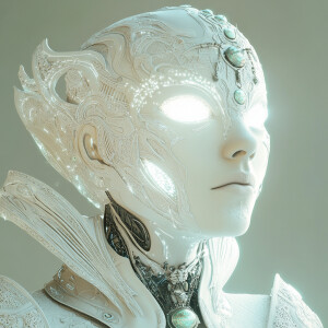 An ethereal cyborg emanating a white, glowing sheen. It appears...