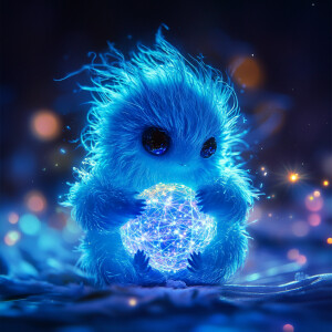 A tiny, luminescent alien creature with blue fur, emitting neon...