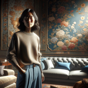 a person wearing a beige top and blue jeans with blue boxer brie...