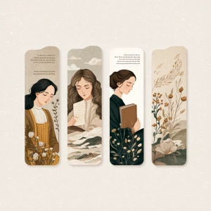 Design a set of vintage-style literary girl bookmarks as sticker...
