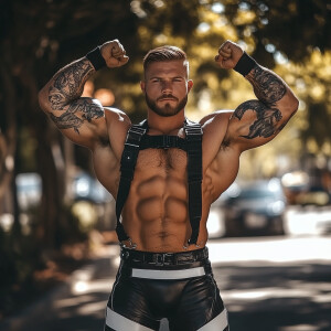In this image, a muscular man is posing on an outdoor street, fl...