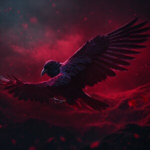 Banner for the channel, fantasy, metal, burgundy raven with glow...