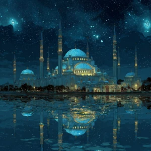 Generate an image of a grand mosque with glowing blue domes unde...