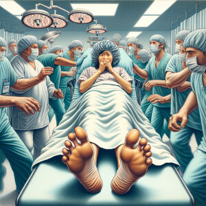 25 year old worried  Spanish woman wearing surgical bouffant cap...