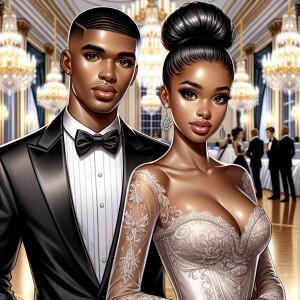 A light skin African American couple at a fancy ballroom event....