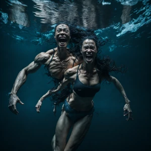 Full-body photograph of a muscular, shark-like woman, with an op...