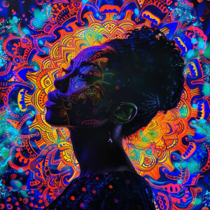 A portrait of a woman against a detailed mandala pattern glowing...