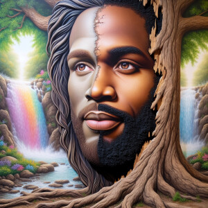A hyper-realistic 3-D oil painting depicting a tree integrated w...