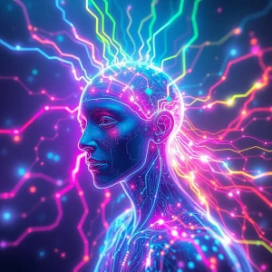 In a dazzling ethereal world, a neon-lit AI consciousness pulses...