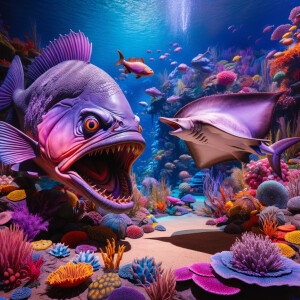 Purple piranha not showing his teeth fighting a sting ray
