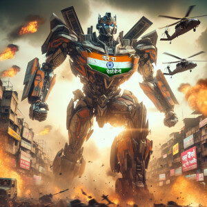 India as a transformer character, adorned with Indian national v...