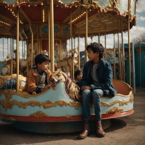 An abandoned children's carousel. A boy is sitting unconscious o...