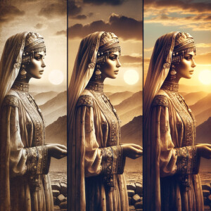 Triple exposure, female, dawn, noon, night hyper realistic HD, 8...