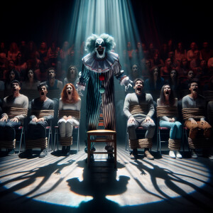 People tied to their chairs stare in horror at the circus stage....