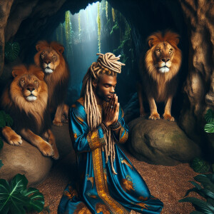 In a softly lit cave, a close-up view of a young, light-skinned...