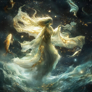 A hyper-realistic, cinematic portrayal of Pisces as a Celestial...