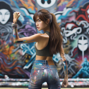 Attractive, Asian teenage girl, long brown hair and bangs, wearing tight skinny jeans and a halter top paint marks on her clothing, backside view heroic pose Asian graffiti