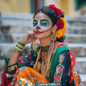 Create an image of an attractive Indian woman dressed in a costu...