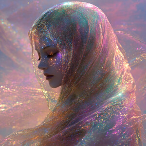 Create a 3D portrait of a mystical alien woman enveloped in shim...