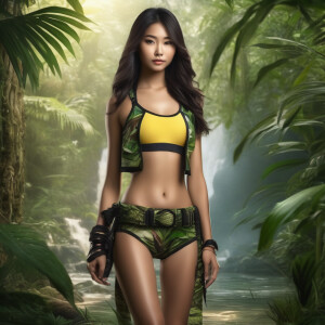 Very skinny thin, Asian teen girl, wearing animal skin, bikini, athletic heroic stand