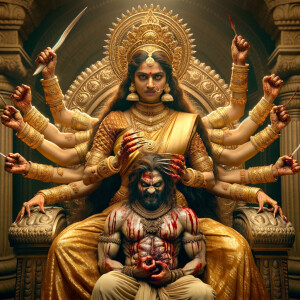 portrait of angry looking, four-armed indian goddess sitting on...