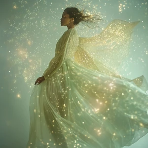 Imagine a radiant being bathed in a luminous gold and white aura...