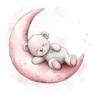 A cute, cartoon teddybear lies on a stylized, rosy-pink crescent moon. The teaddy bear is light gray with large, round, pink-spotted ears.  Its body is round and he has expressive eyes.  its facial expression is happy and friendly. The teddy bears leg and foot are visible, and its posture is relaxed, slumped in the curve of the moon. it's stomach is lying down on the moon with left arm and leg showing hanging down. The moon is a soft, shaded pink, with watercolor-like texture and subtle shading. The background is white. The image is in a child-friendly style, showcasing delicate line work and color palettes. The composition is centered on the teddy bear which is positioned on the moon, giving the moon a hug with closed eyes. The overall style is sweet, whimsical, and reminiscent of children's book illustrations.  The colors are pastel and soothing, creating a gentle atmosphere.