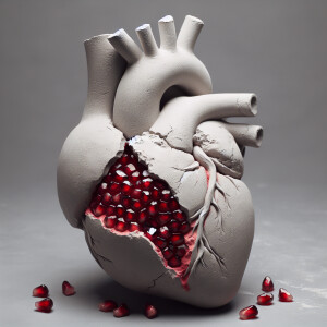 A plaster sculpture of a human heart with a cracked heart and po...