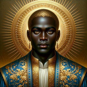 Create a beautiful African-American Jesus Christ with Hazel, brown eyes and blue and gold robe