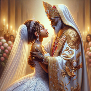 Imagine a hyper-realistic oil painting that captures a tender moment between theAfrican American bride and her God. The setting is intimate and filled with soft, warm lighting that enhances the emotional depth of the scene. The bride, in herexquisite wedding gown, shares a heartfelt embrace with her african-American Lord Jesus , who is dressedin an elegant outfit that complements the wedding's color scheme. Their expressions are full of love, pride, and joy, reflecting the special bond between them. Theattention to detail is paramount, from the intricate designs of their dresses to the subtle emotions conveyed in their facial expressions. The background is a blur ofgentle pastel hues, ensuring that the focus remains on this touching moment. Thispainting should convey the warmth, love, and depth of the relationship, with the rich textures and vibrant strokes characteristic of oil paintings, capturing the essence of this significant pre-wedding moment.