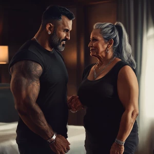 realism drawing style  .A sweaty muscular man talking with his 5...