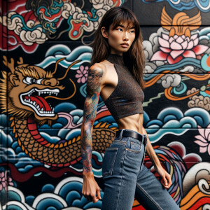 Very thin Athletic Thin skinny Attractive, Asian teenage girl, long brown hair and bangs, wearing tight skinny jeans and a halter top paint marks on her clothing, sitting side view heroic pose Asian graffiti