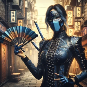 The image features a character dressed in a stylish, form-fittin...