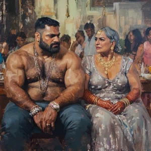 Realism art style 1:1,a muscular beefy sweaty man sitting on sta...