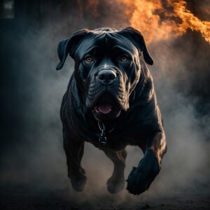a hyper-realistic portrait of a jumping evil cane corso, lunging...