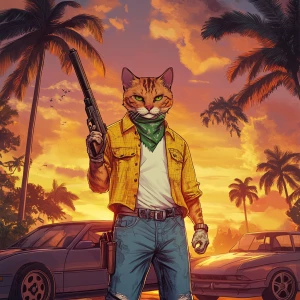 A humanoid cat character standing confidently in a tropical sett...