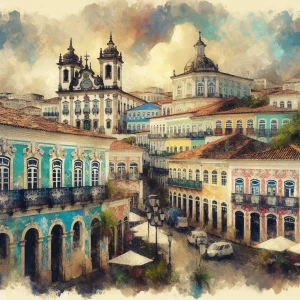 Create an image in the style of J.M.W. Turner depicting the barroque style houses of Salvador, Bahia, Brazil, capturing the interplay of light and color typical of Turner's paintings.