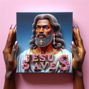 A 3D realistic artwork featuring the phrase 'Jesus Saves' adorne...