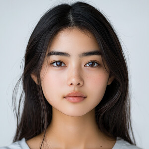 Create an image of a cute 21-year-old Japanese woman with a clea...