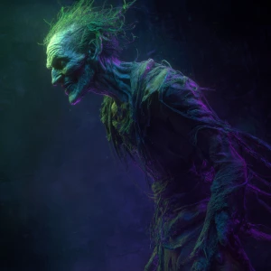 A decayed Lovecraftian Joker with skeletal features and stringy...