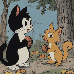 The cat talks to the squirrel who is holding a nut in his hand -...