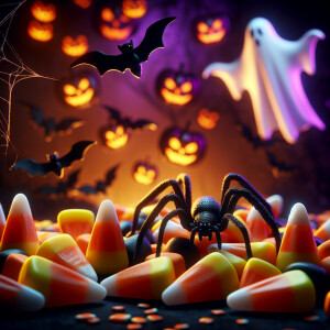 Candy corn, spiders, purple bat, ghost