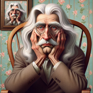 Digital art, a stylized old man with long silver hair, clean sha...