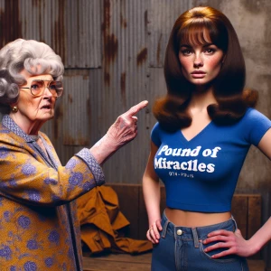 Refine a color film photograph from 1974 depicting an irate elde...