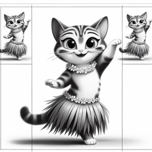 A cartoon ilustration style cat with a fun expression and expressive eyes, with a houla skirt, dancing with arms horizontally positioned. isolatd on a White background, drawn in black and white pencil art