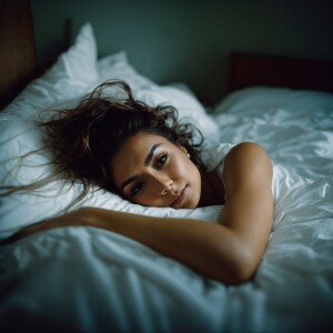 Beautiful woman waking up laying in a messy bed wearing a transp...