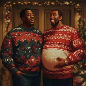 A joyful, cozy Christmas scene featuring two men resembling Jay-...