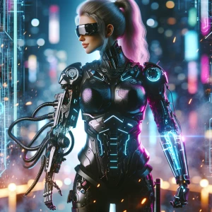 A futuristic cybernetic woman with a high-tech prosthetic leg th...